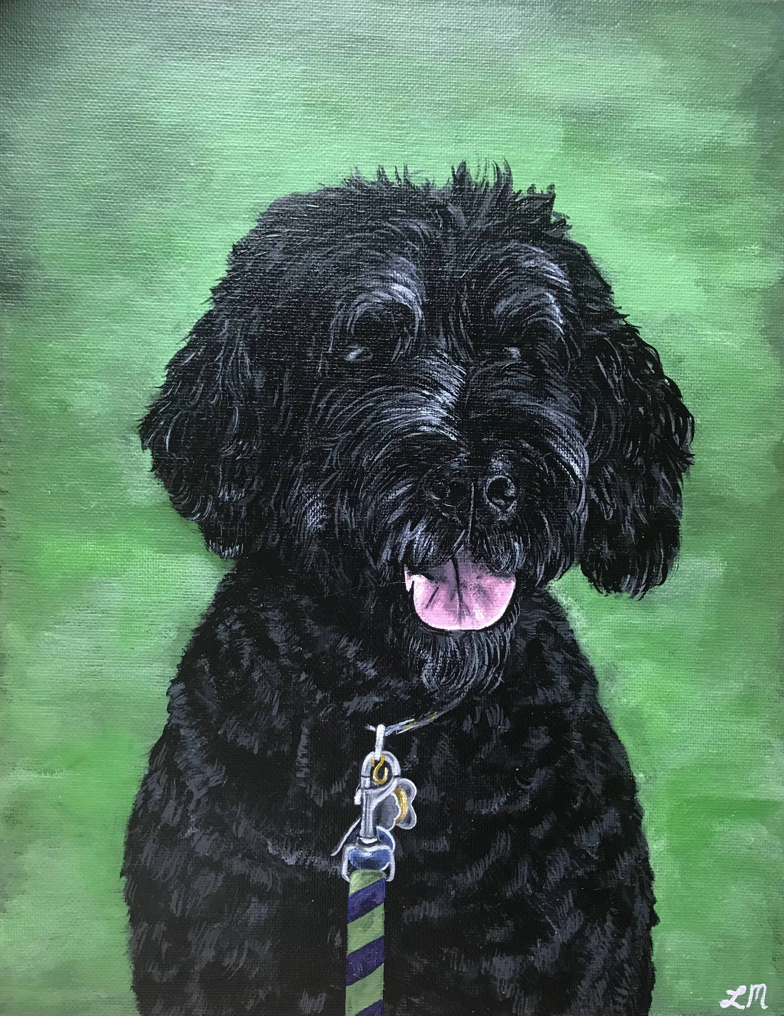 Acrylic painting of a black dog