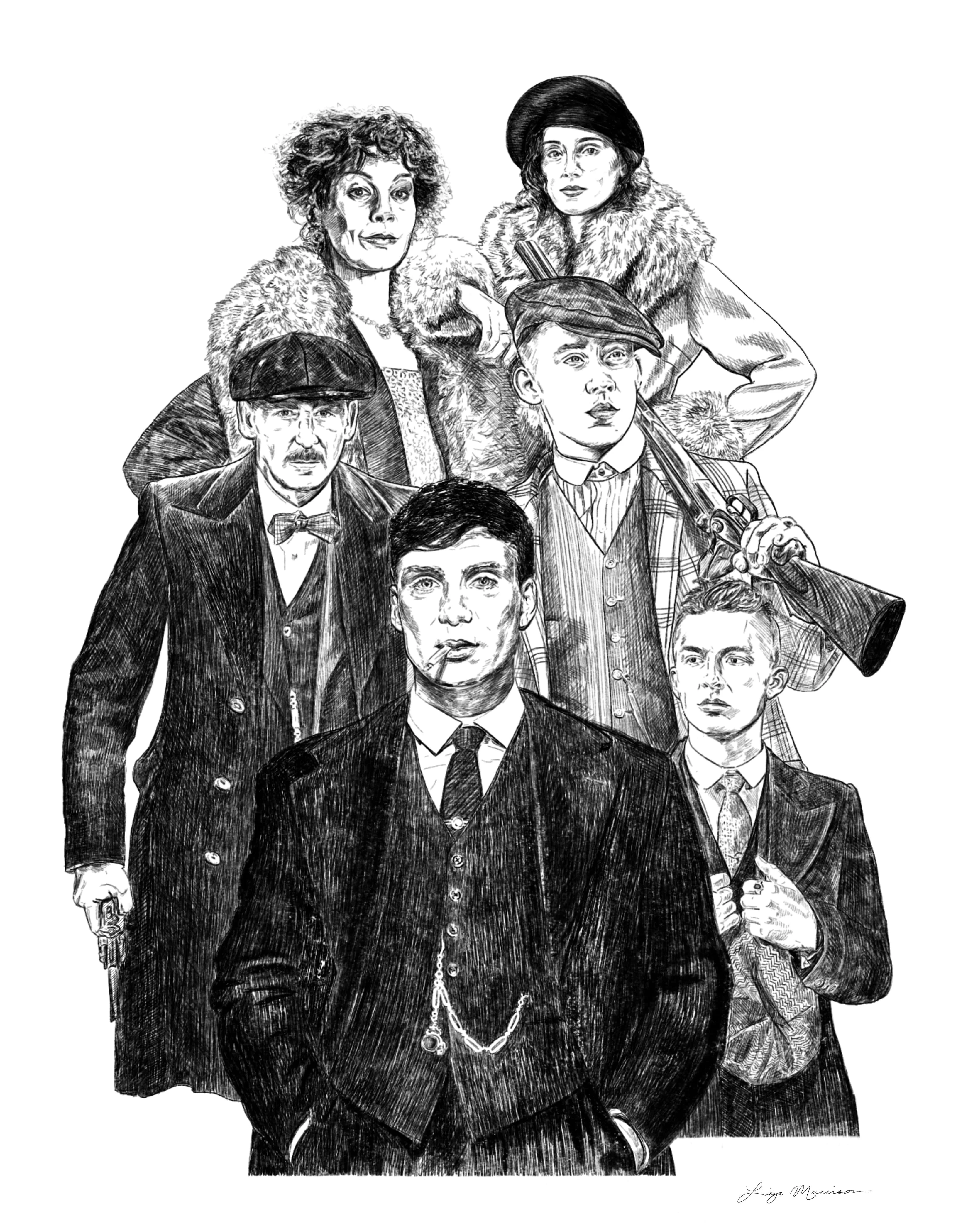Digital drawing of the Shelbys from Peaky Blinders