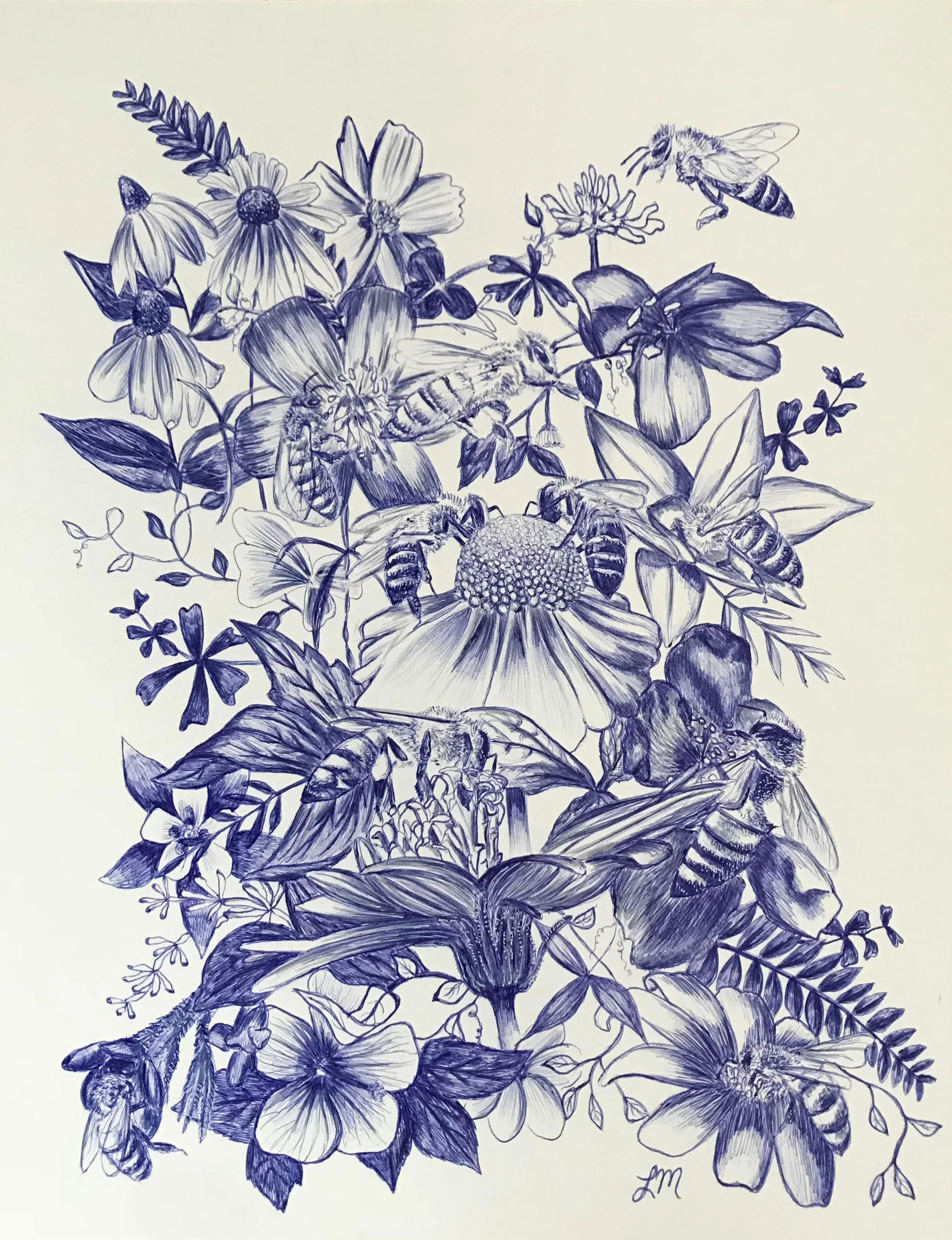 Blue pen drawing of honeybees and plants