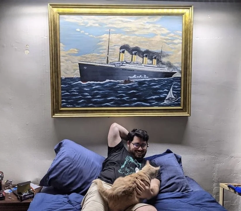 Oil painting of the Titanic with Jon and Pancake