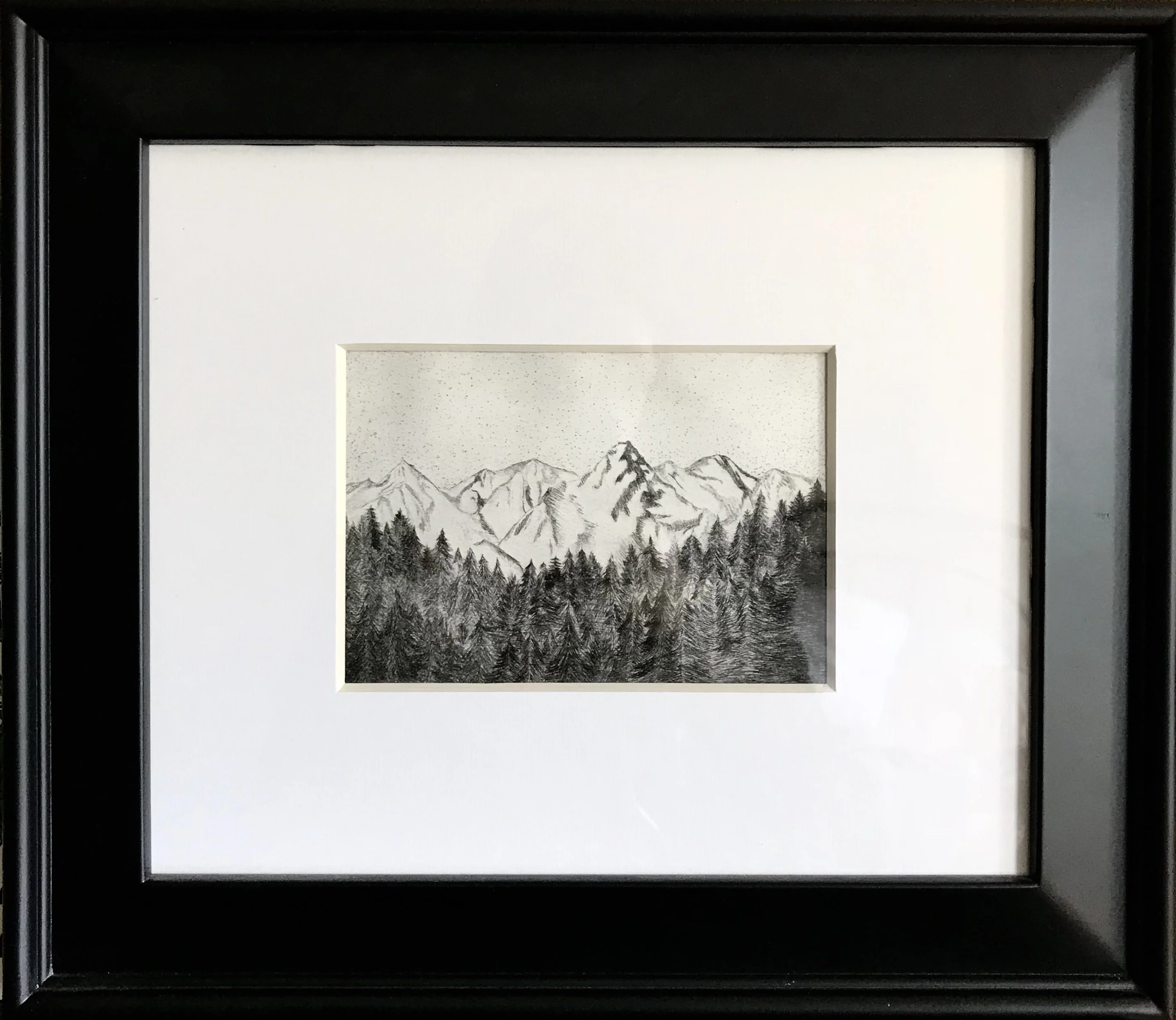 Etching of a mountain framed