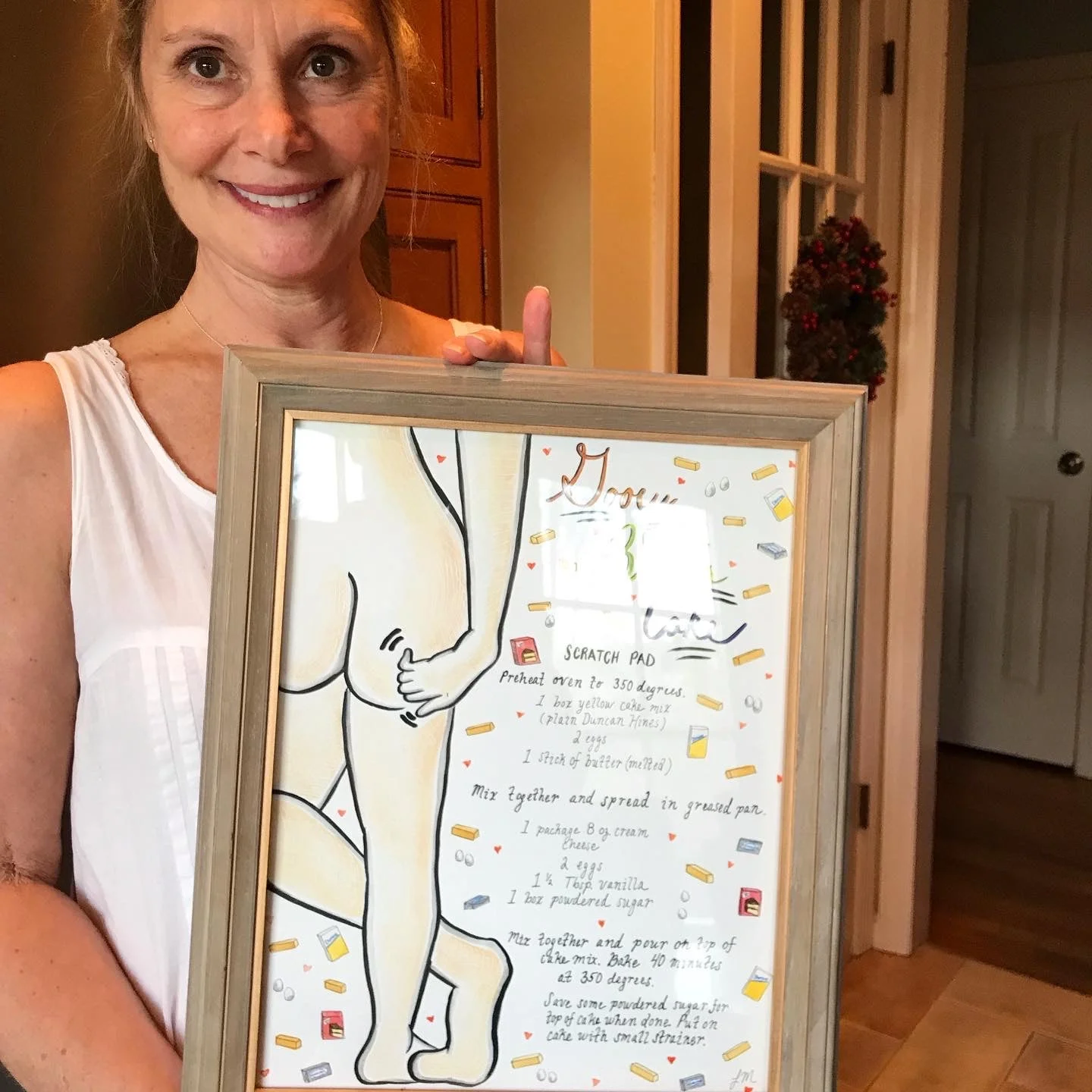 Mom with gooey butter cake recipe drawing